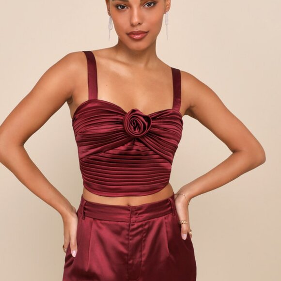 Lulus Flawless Behavior Burgundy Satin Pleated Rosette Tank Top Red - Size XS - Picture 1 of 1